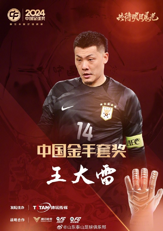  王大雷榮獲中國金手套獎，謝文能入選中國金球獎候選人前三名